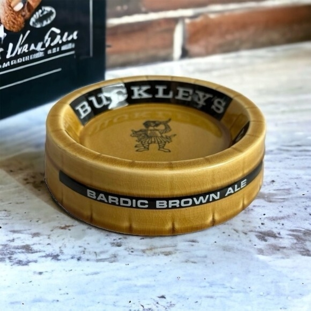 Vintage BUCKLEYS Welsh Ales Ashtray WADE REGICOR London Black Yellow Ceramic
